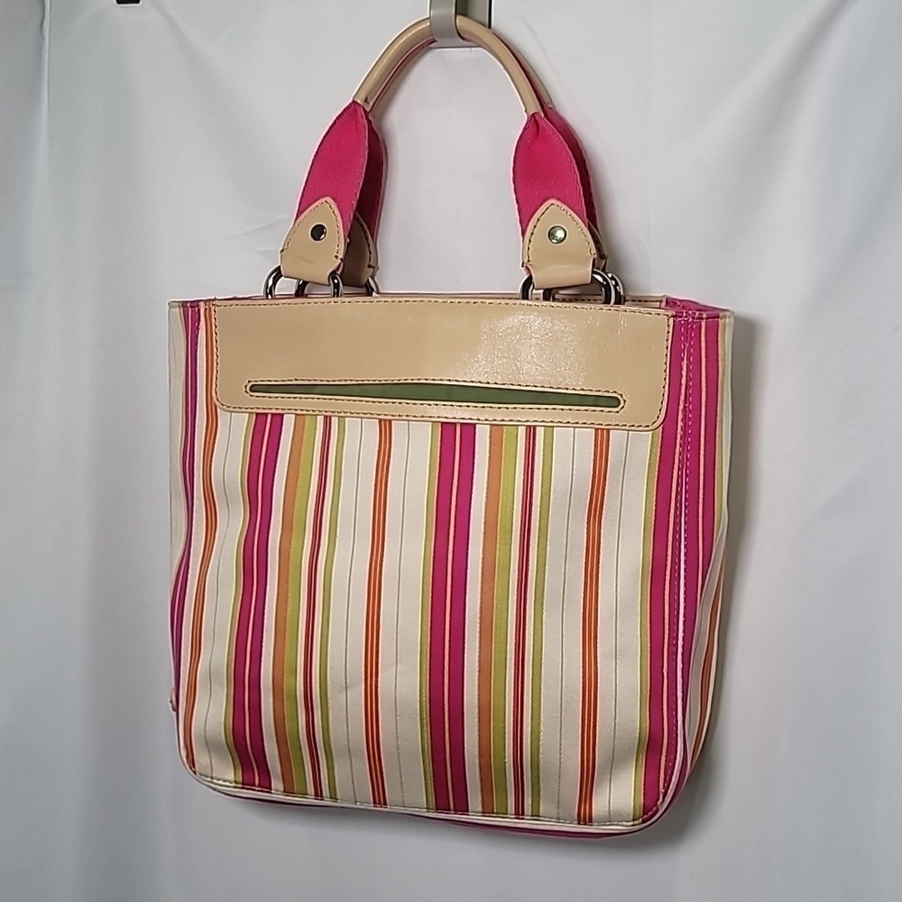 COLE HAAN Cotton Striped Bucket Bag Bright Leather Trim Mini Tote